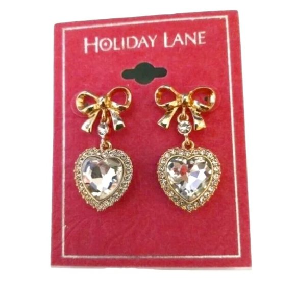 HOLIDAY LANE Bow & Crystal Heart Drop Earrings Gold - Picture 1 of 5
